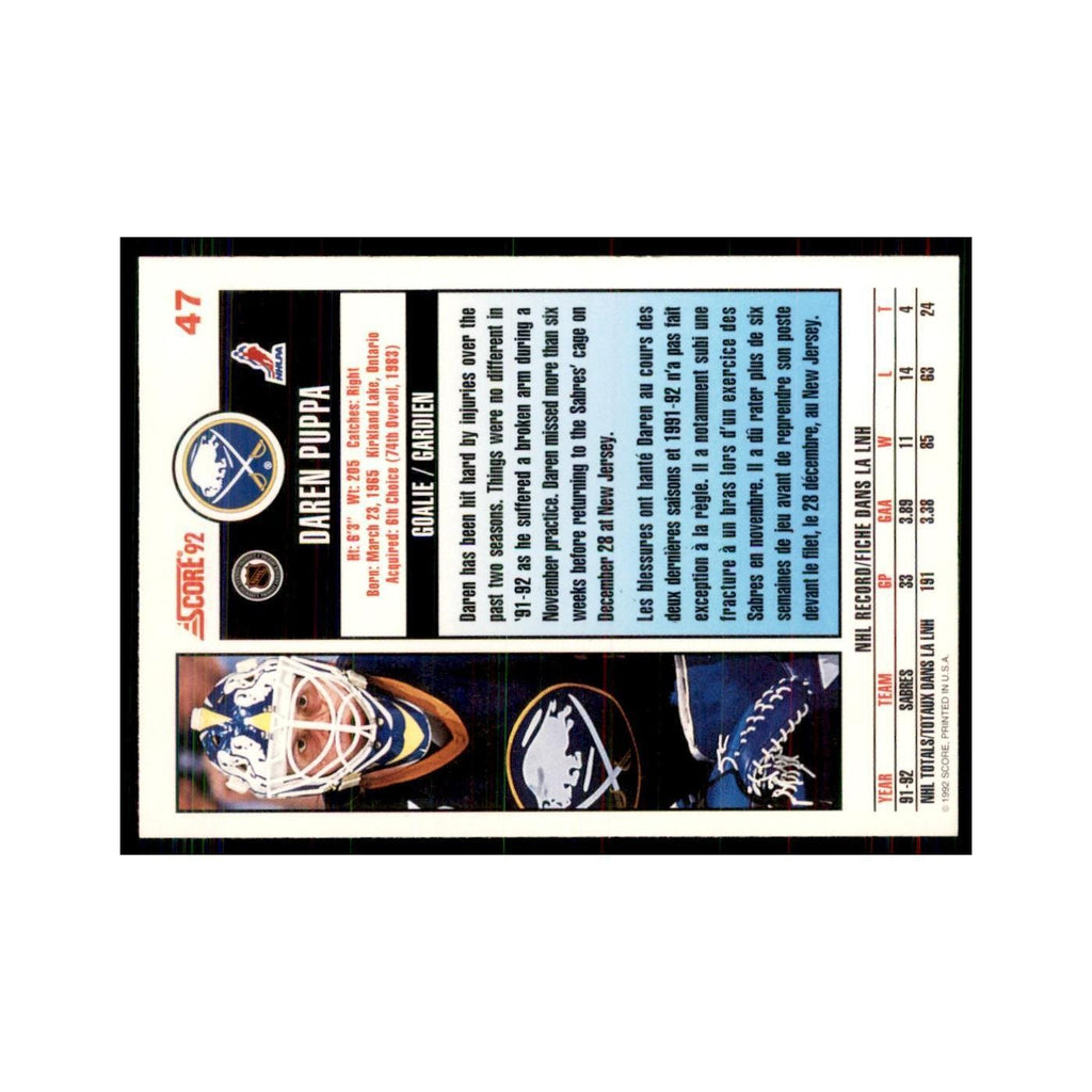 1992 Score Canadian Daren Puppa Buffalo Sabres #47