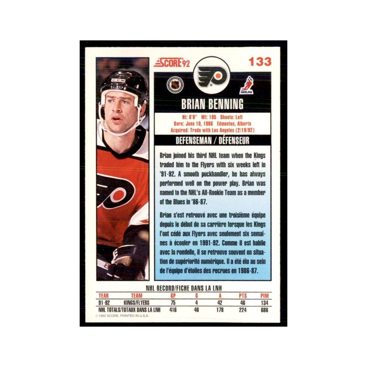 1992 Score Canadian Brian Benning Philadelphia Flyers #133