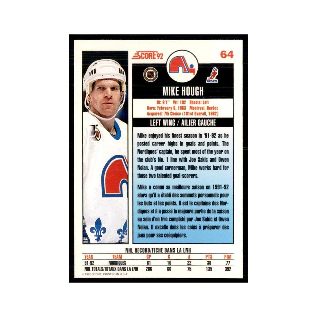 1992 Score Canadian Mike Hough Quebec Nordiques #64