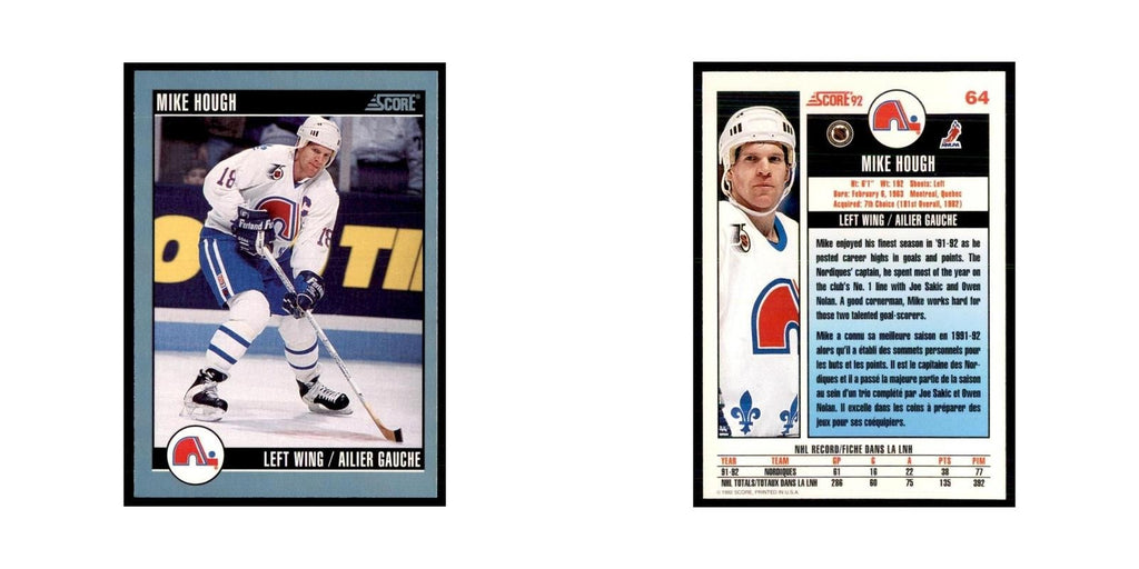 1992 Score Canadian Mike Hough Quebec Nordiques #64