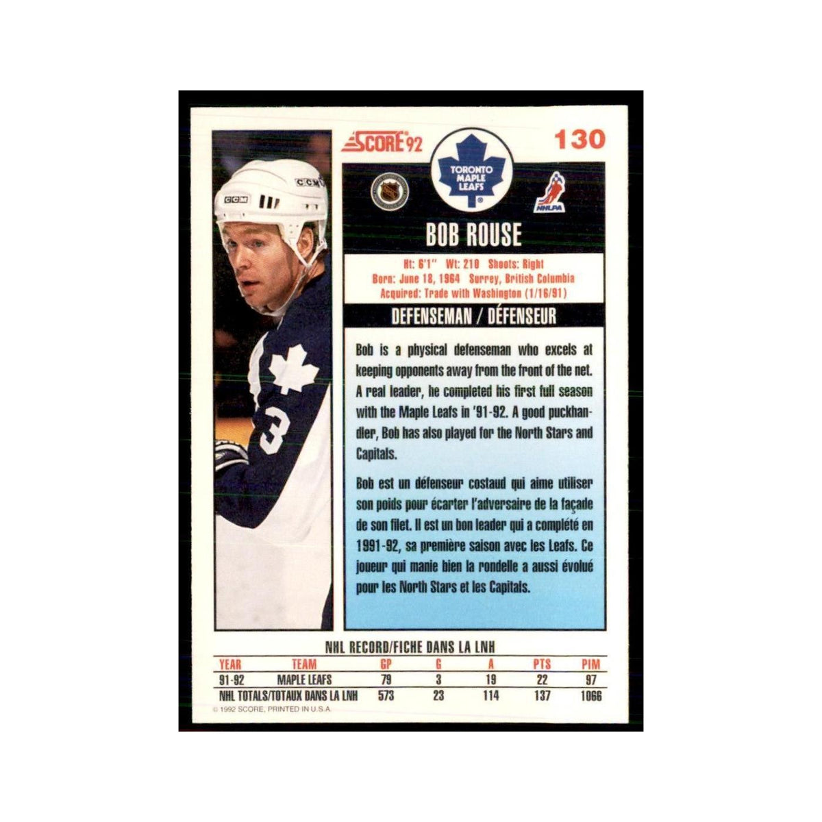 1992 Score Canadian Bob Rouse Toronto Maple Leafs #130
