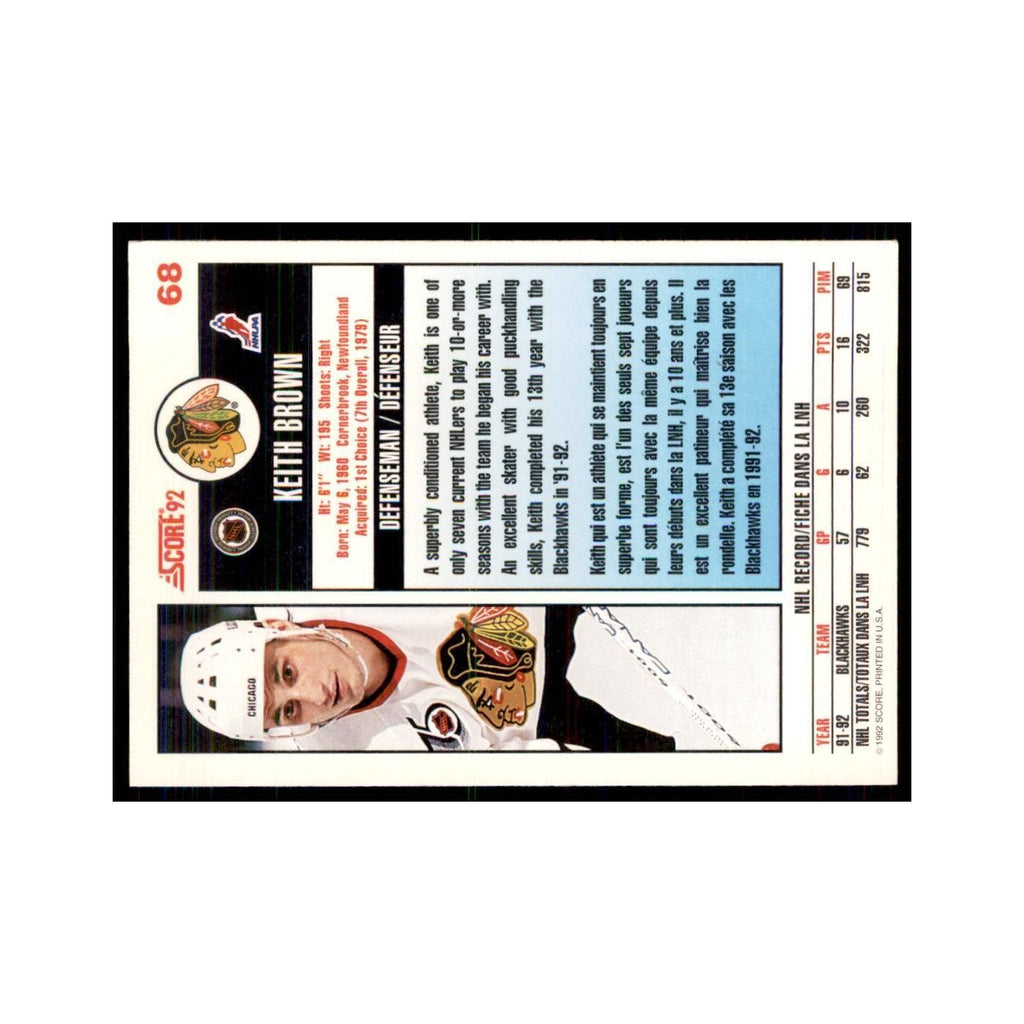 1992 Score Canadian Keith Brown Chicago Blackhawks #68
