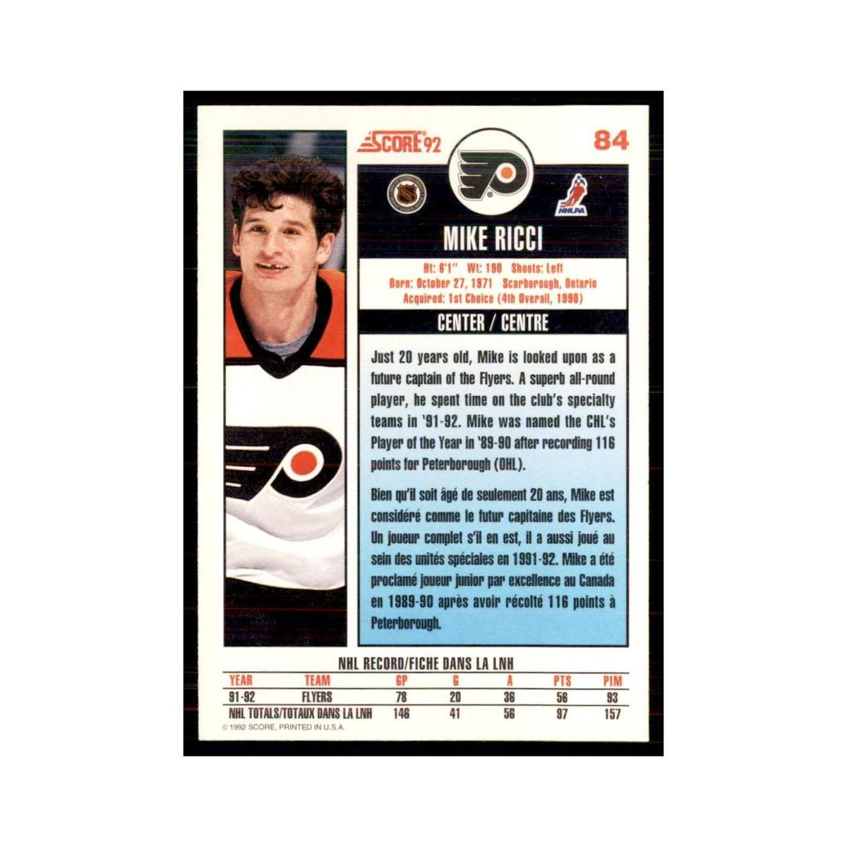 1992 Score Canadian Mike Ricci Philadelphia Flyers #84