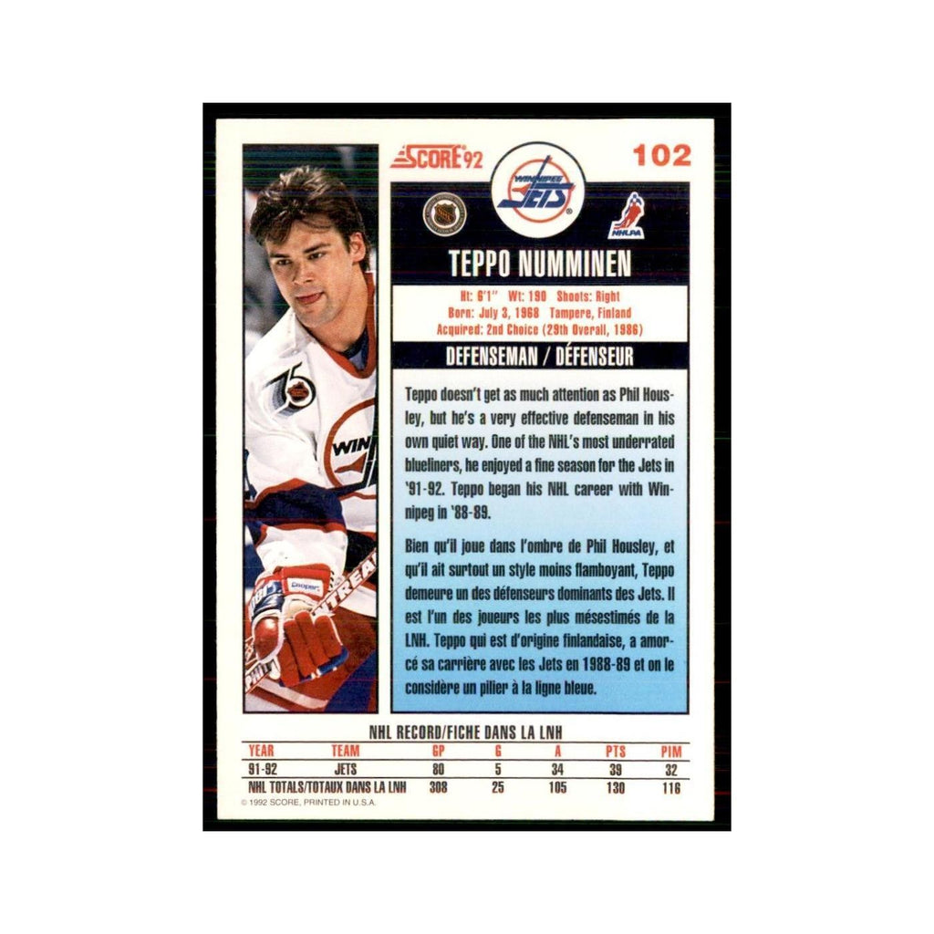 1992 Score Canadian Teppo Numminen Winnipeg Jets #102