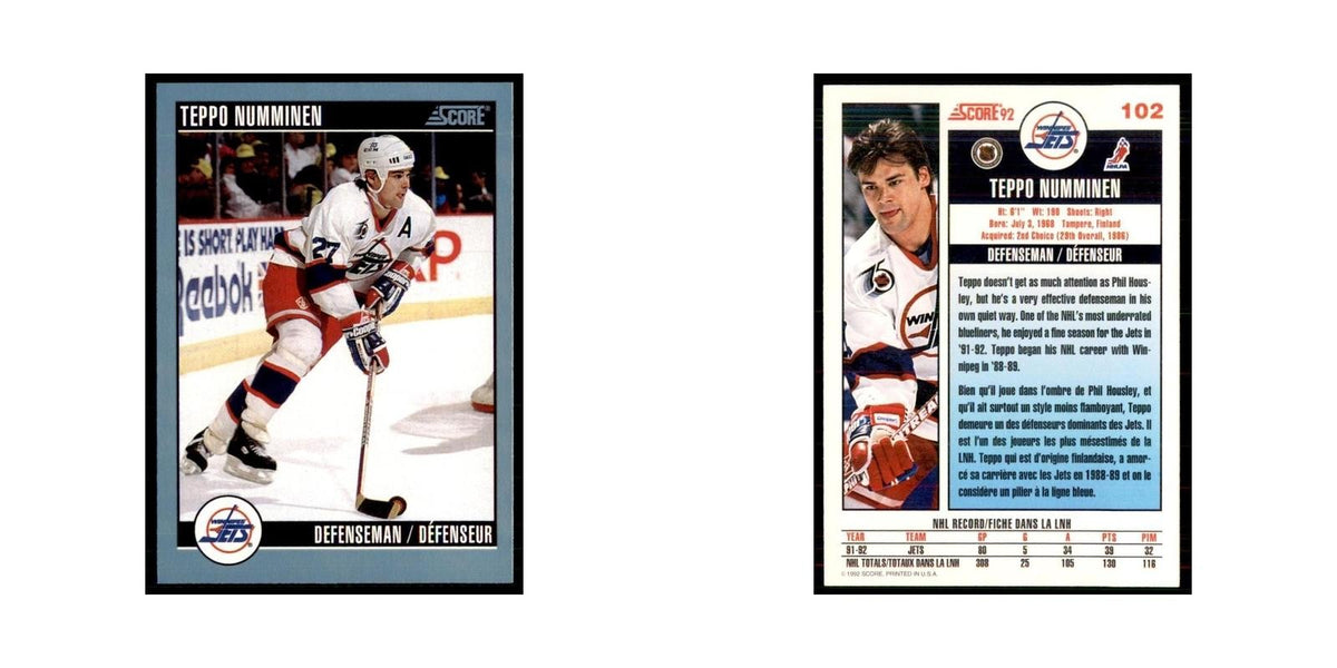 1992 Score Canadian Teppo Numminen Winnipeg Jets #102