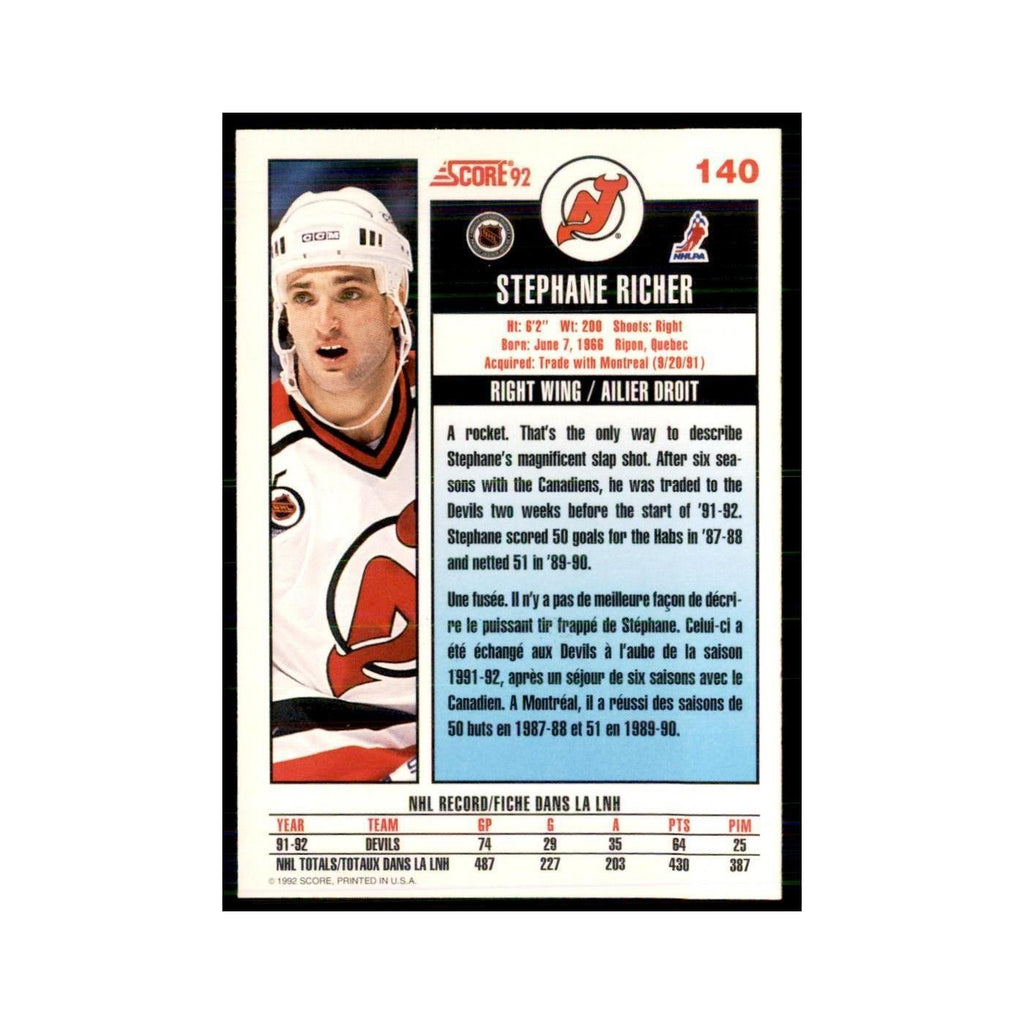 1992 Score Canadian Stephane Richer New Jersey Devils #140