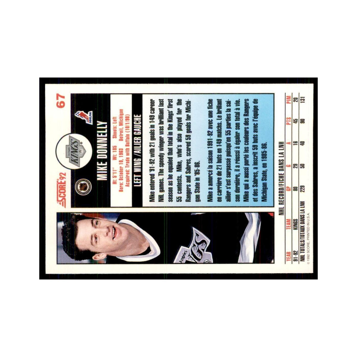 1992 Score Canadian Mike Donnelly Los Angeles Kings #67