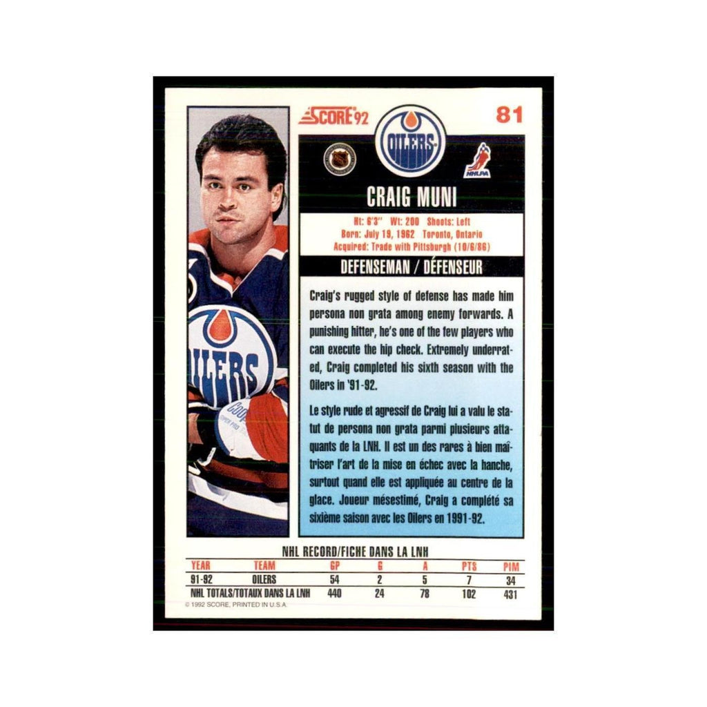 1992 Score Canadian Craig Muni Edmonton Oilers #81
