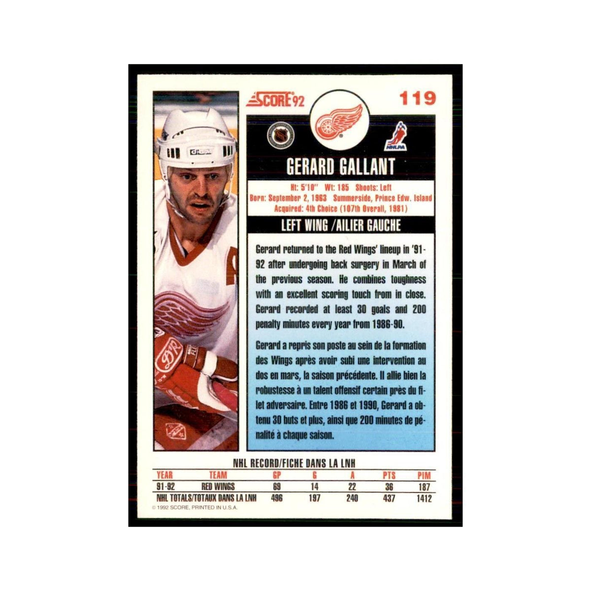1992 Score Canadian Gerard Gallant Detroit Red Wings #119