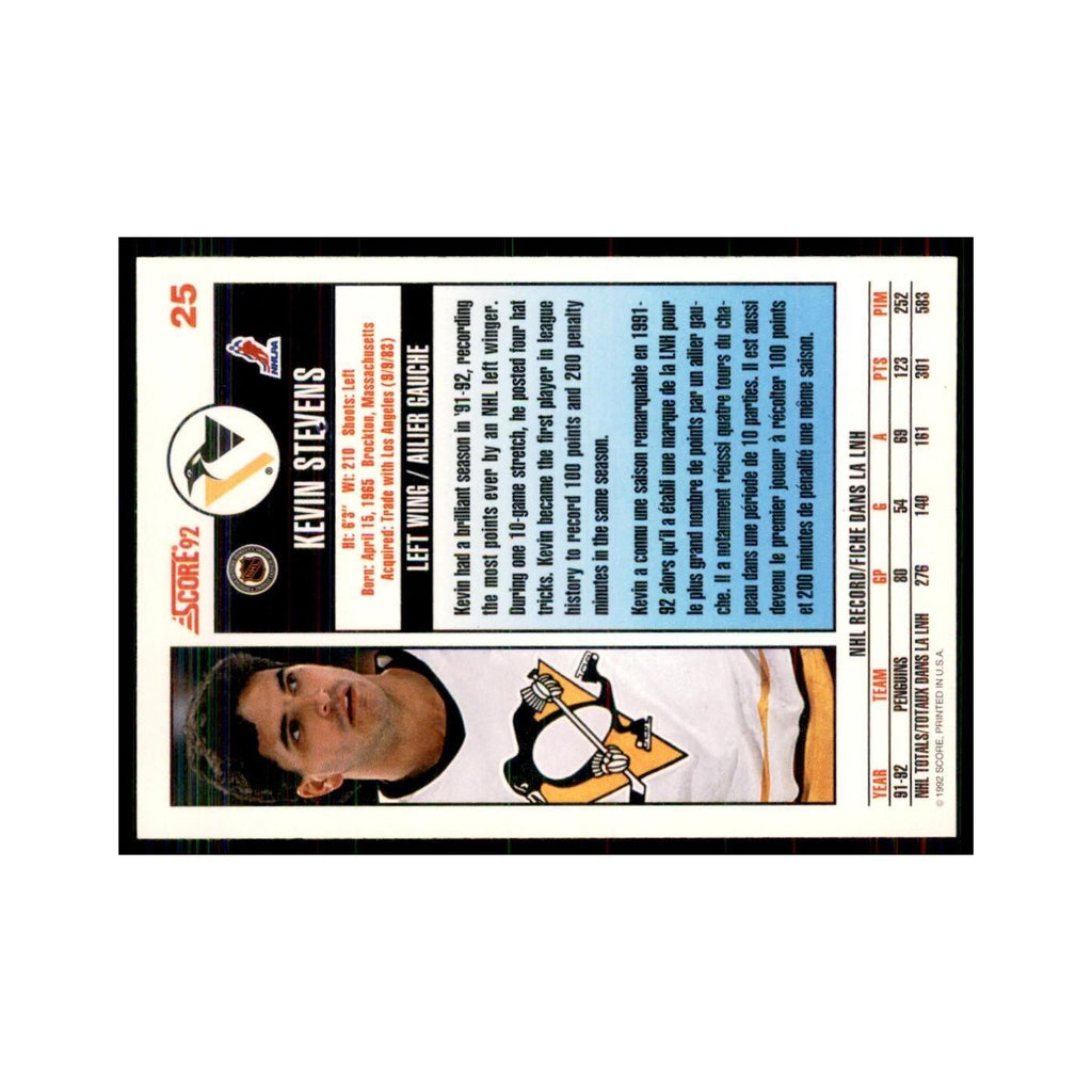1992 Score Canadian Kevin Stevens Pittsburgh Penguins #25