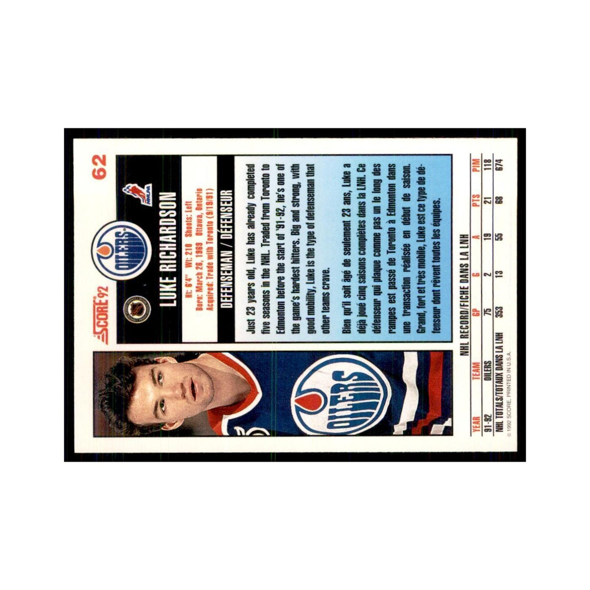 1992 Score Canadian Luke Richardson Edmonton Oilers #62