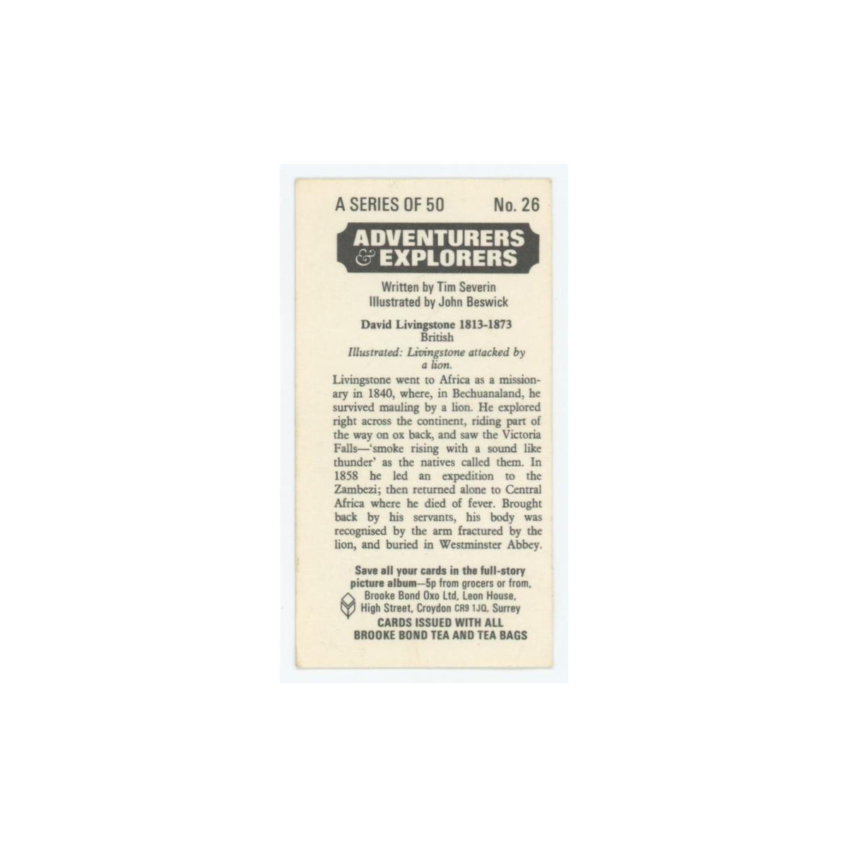 1973 Brooke Bond Adventurers Explorers David Livingstone #26