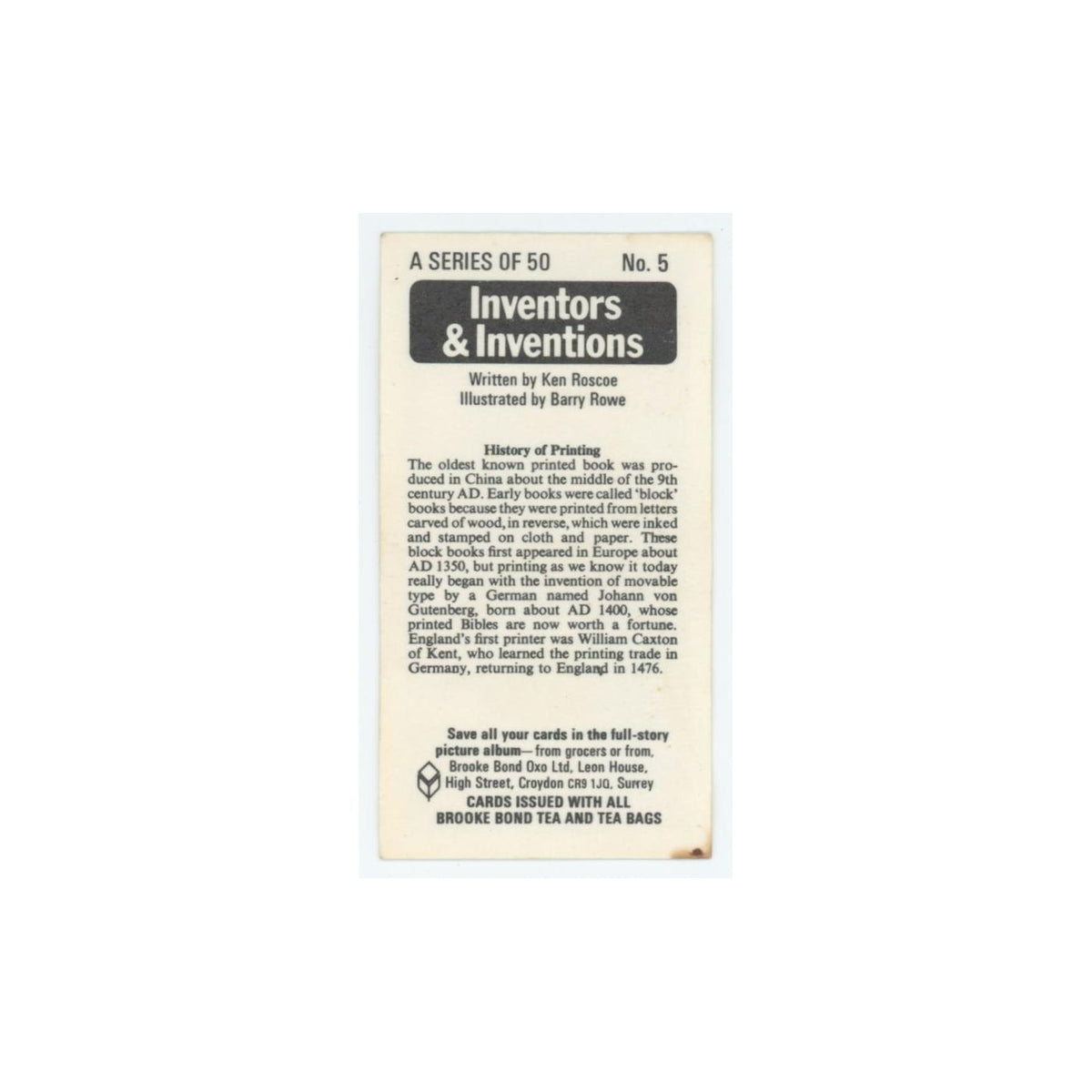 1975 Brooke Bond Inventors Inventions History of Printing #5
