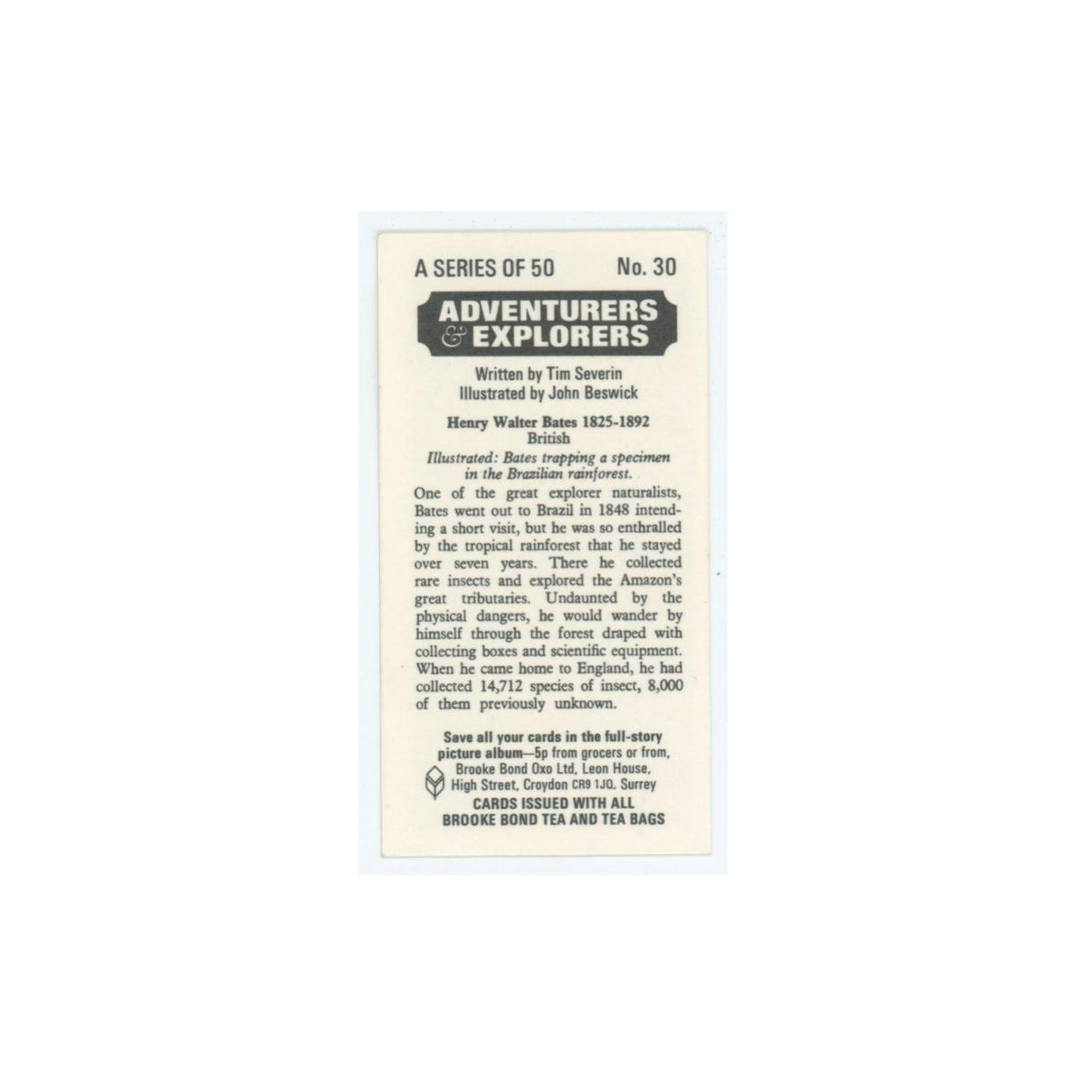 1973 Brooke Bond Adventurers Explorers Henry Walter Bates #30