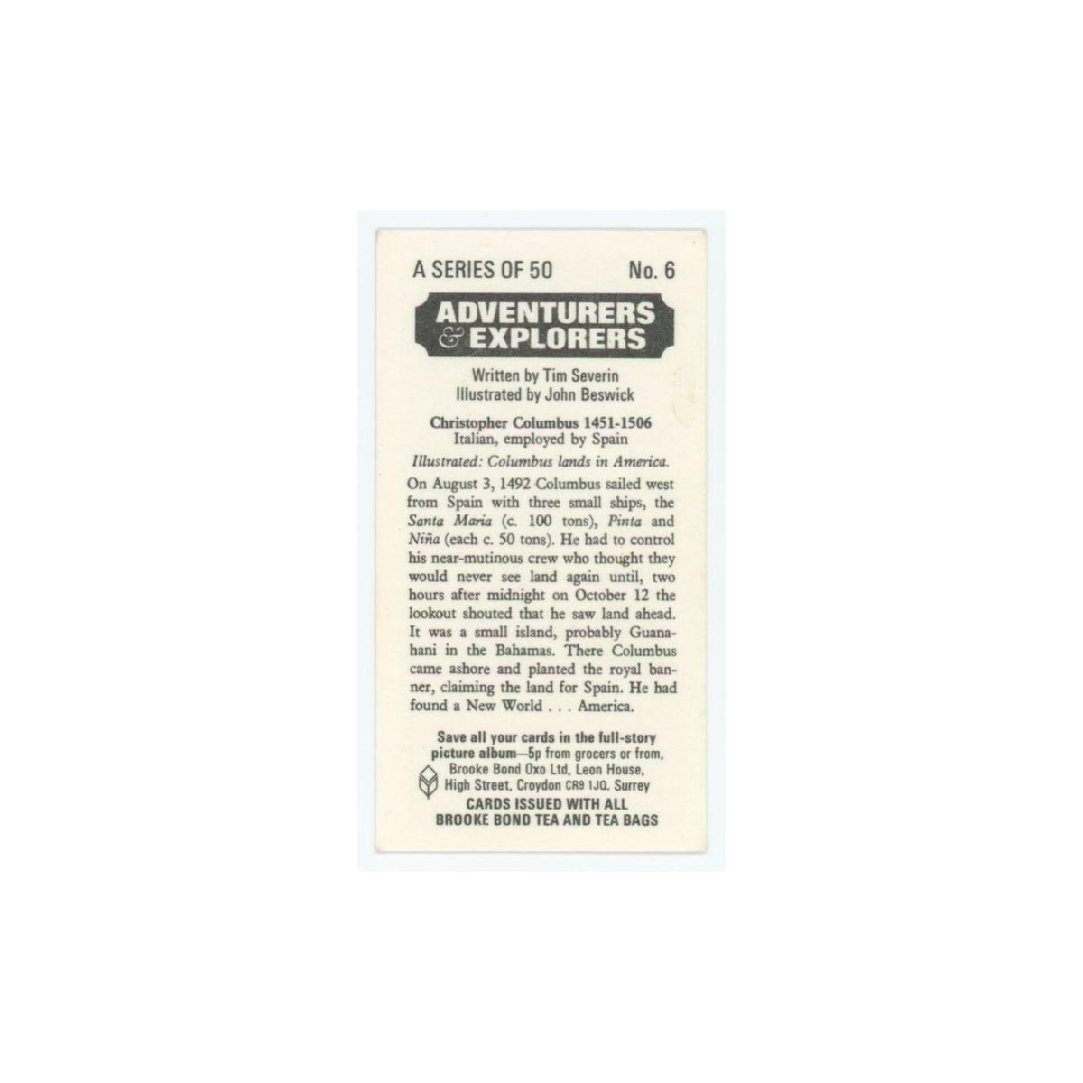 1973 Brooke Bond Adventurers Explorers Christopher Columbus #6