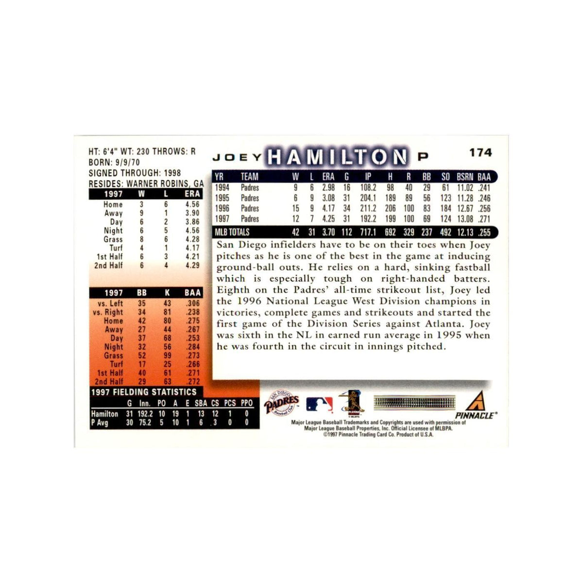 1998 Score Joey Hamilton Baseball Cards #174