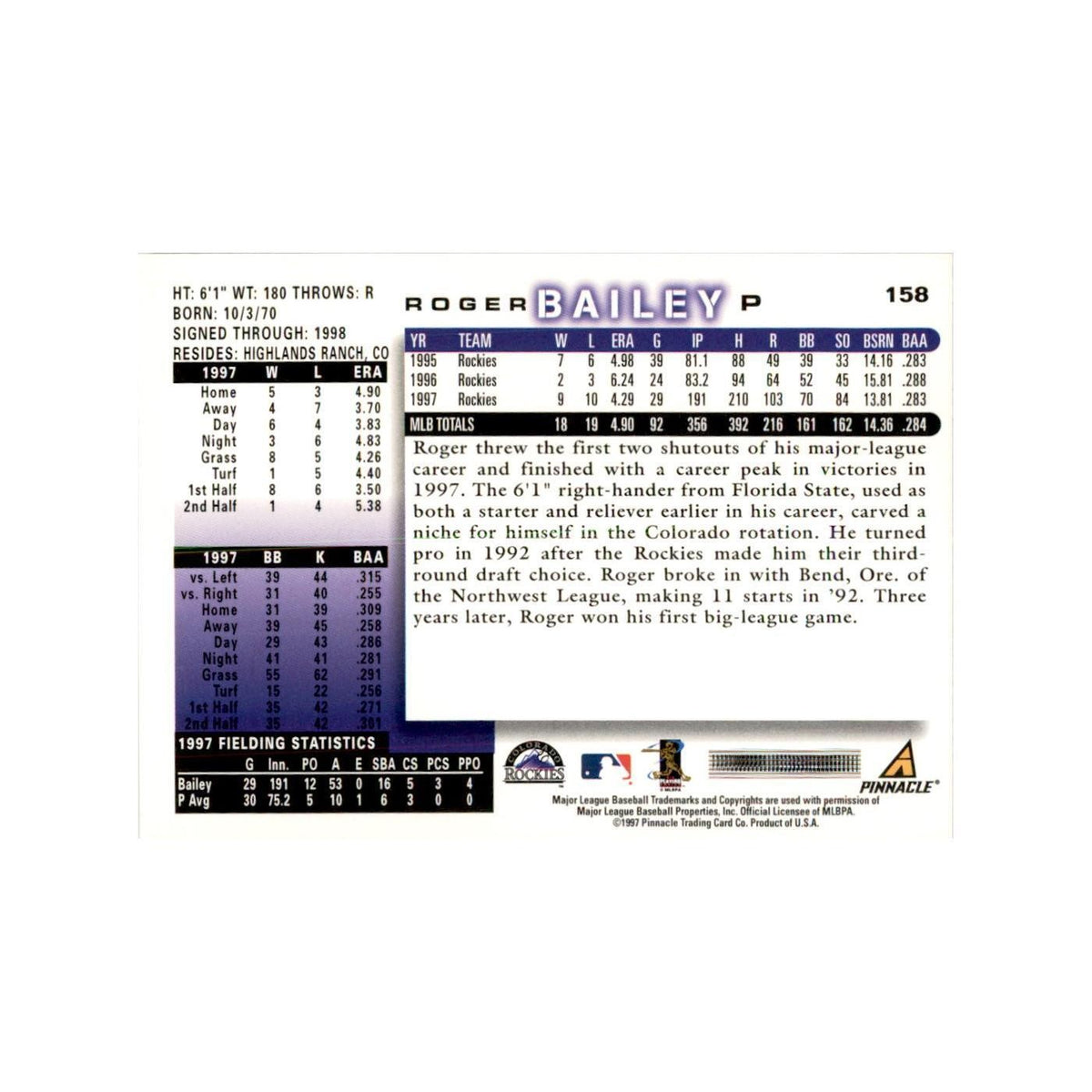 1998 Score Roger Bailey Baseball Cards #158