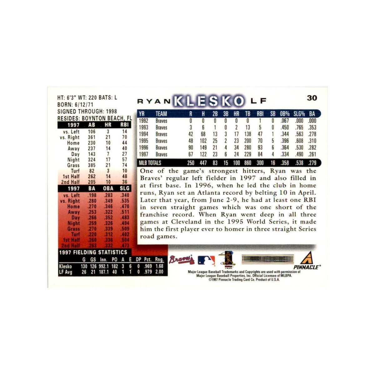 1998 Score Ryan Klesko Baseball Cards #30