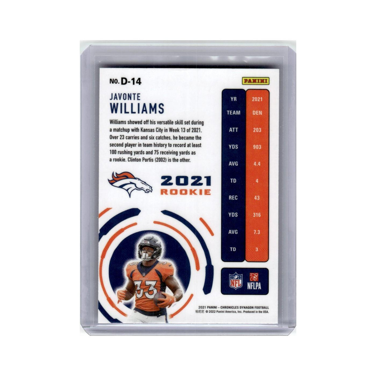 Javonte Williams 2021 Panini Chronicles Dynagon Rookies #D-14 Denver Broncos NM