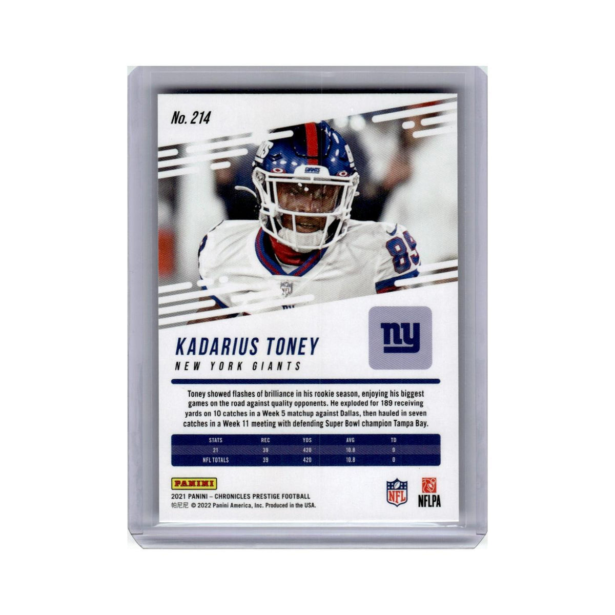 Kadarius Toney Rookie 2021 Panini Prestige #214 New York Giants Football Card NM