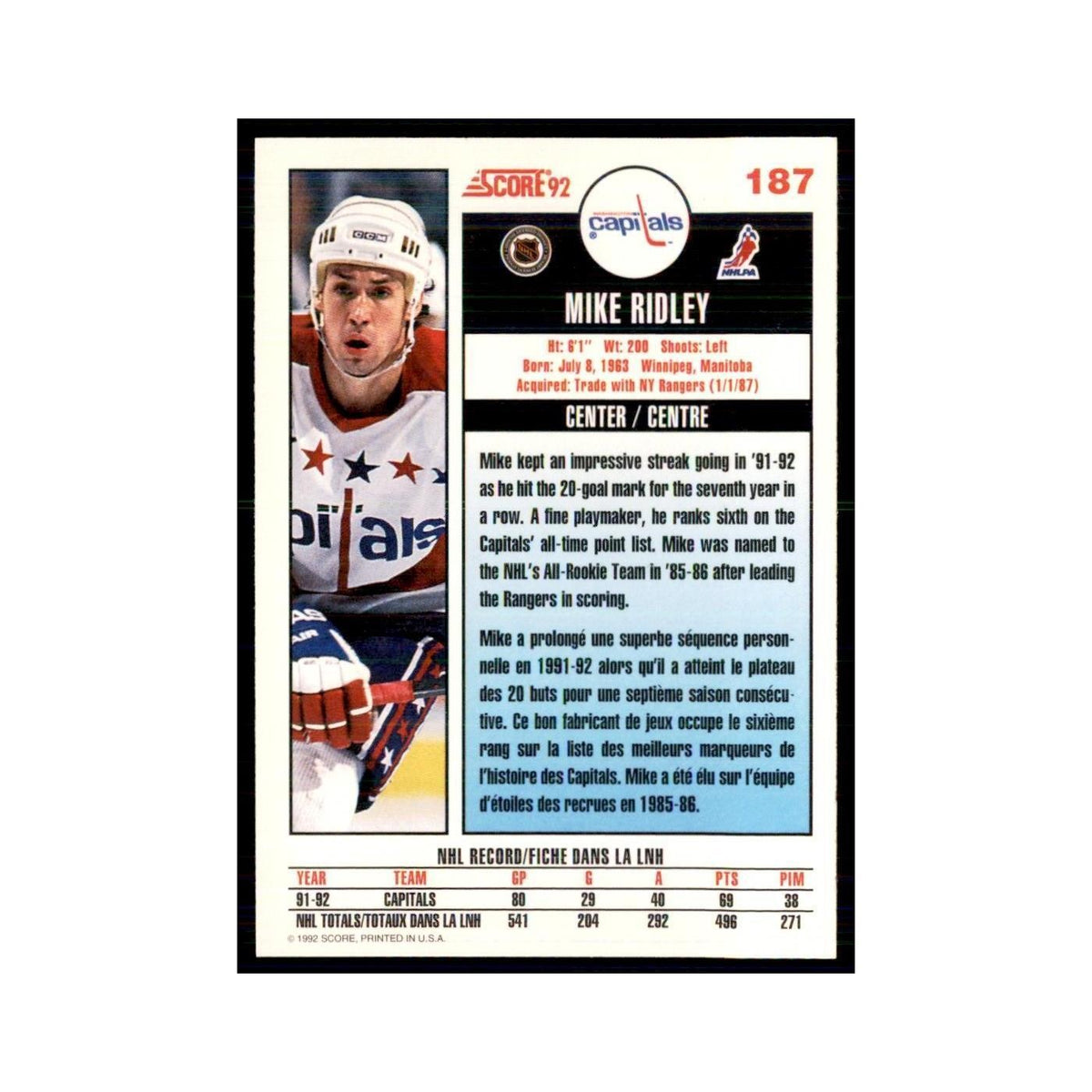 1992 Score Canadian Mike Ridley Washington Capitals #187