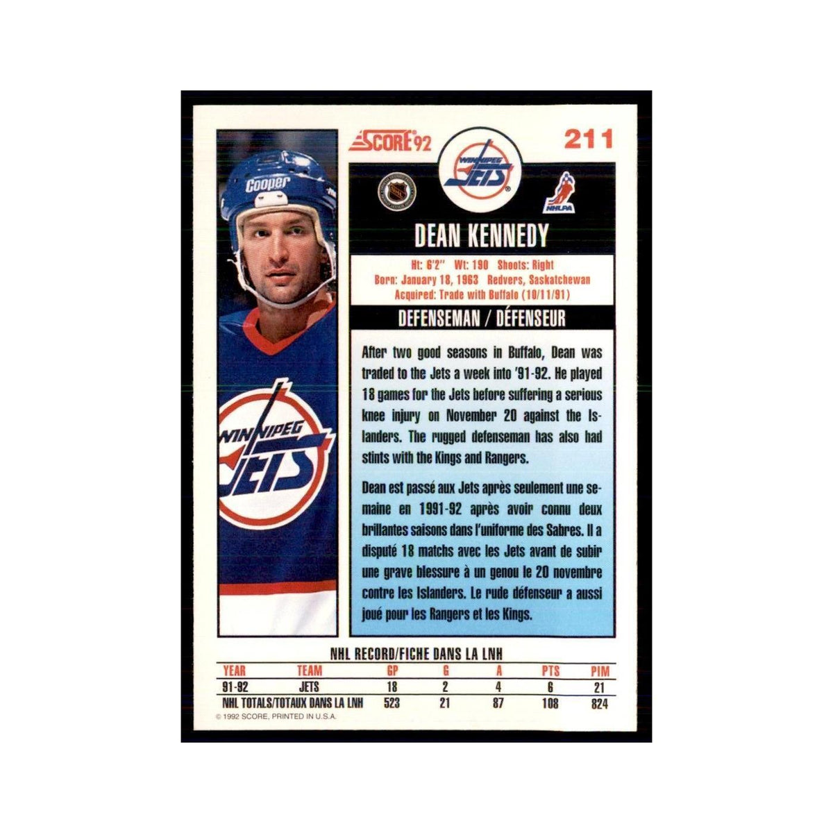 1992 Score Canadian Dean Kennedy Winnipeg Jets #211