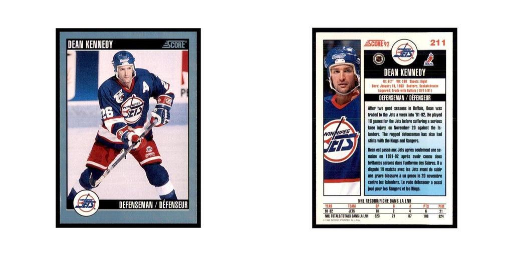 1992 Score Canadian Dean Kennedy Winnipeg Jets #211