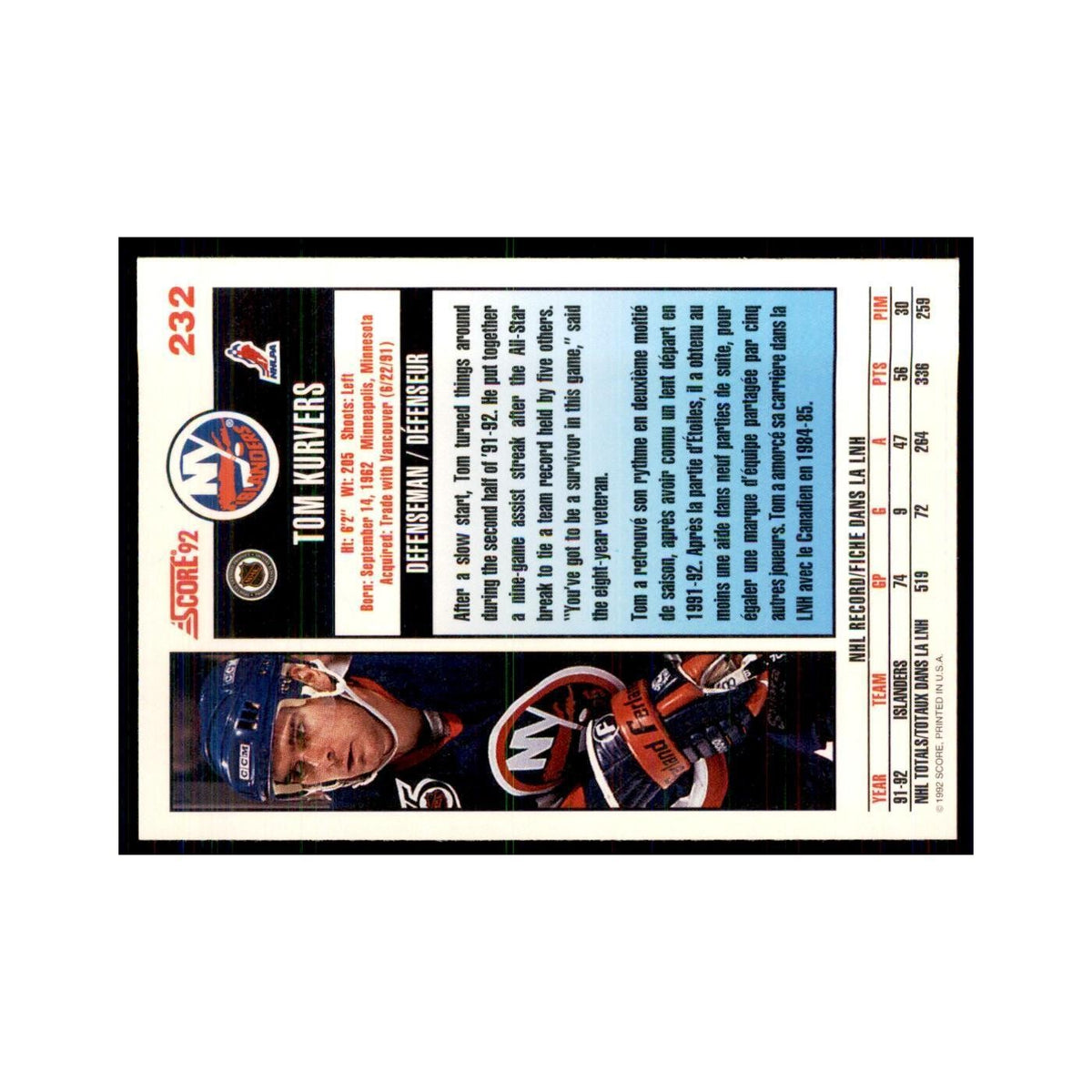 1992 Score Canadian Tom Kurvers New York Islanders #232