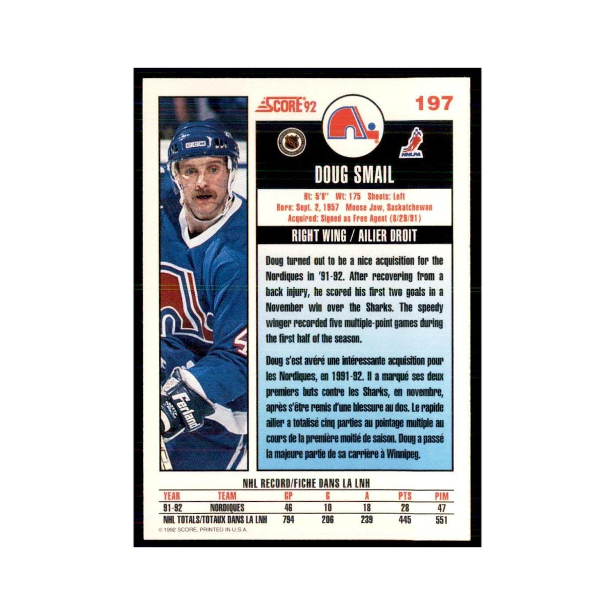 1992 Score Canadian Doug Smail Quebec Nordiques #197