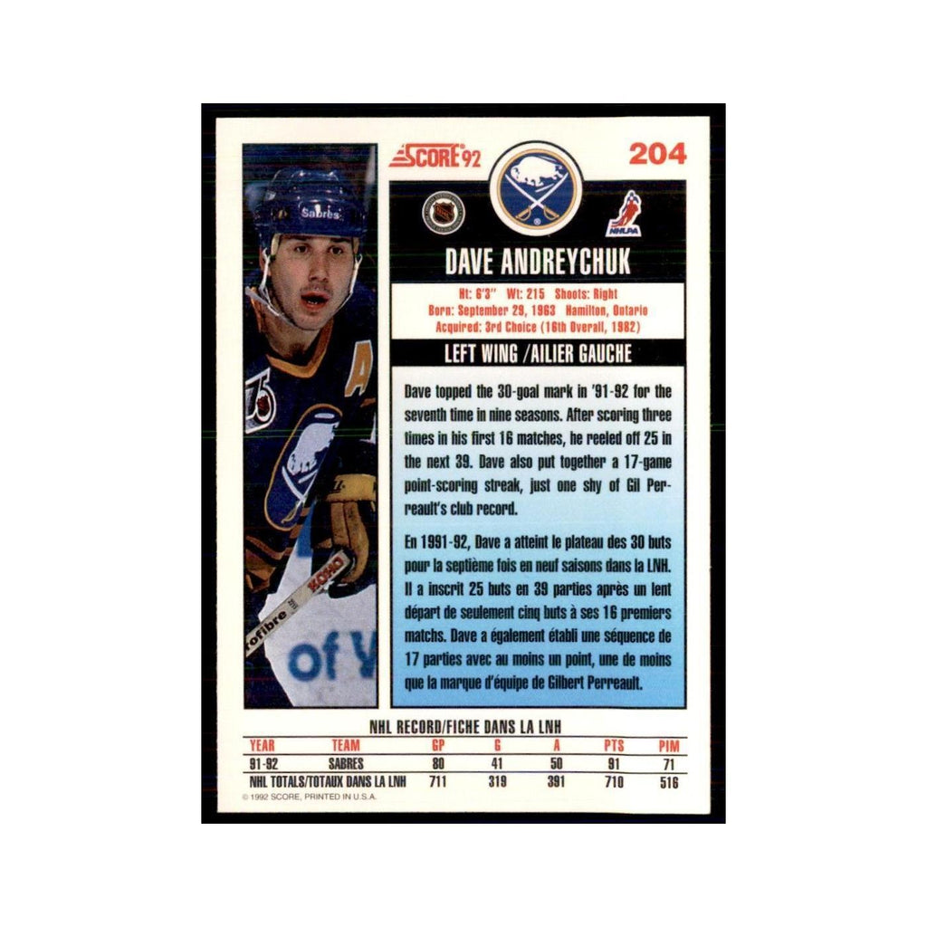 1992 Score Canadian Dave Andreychuk Buffalo Sabres #204