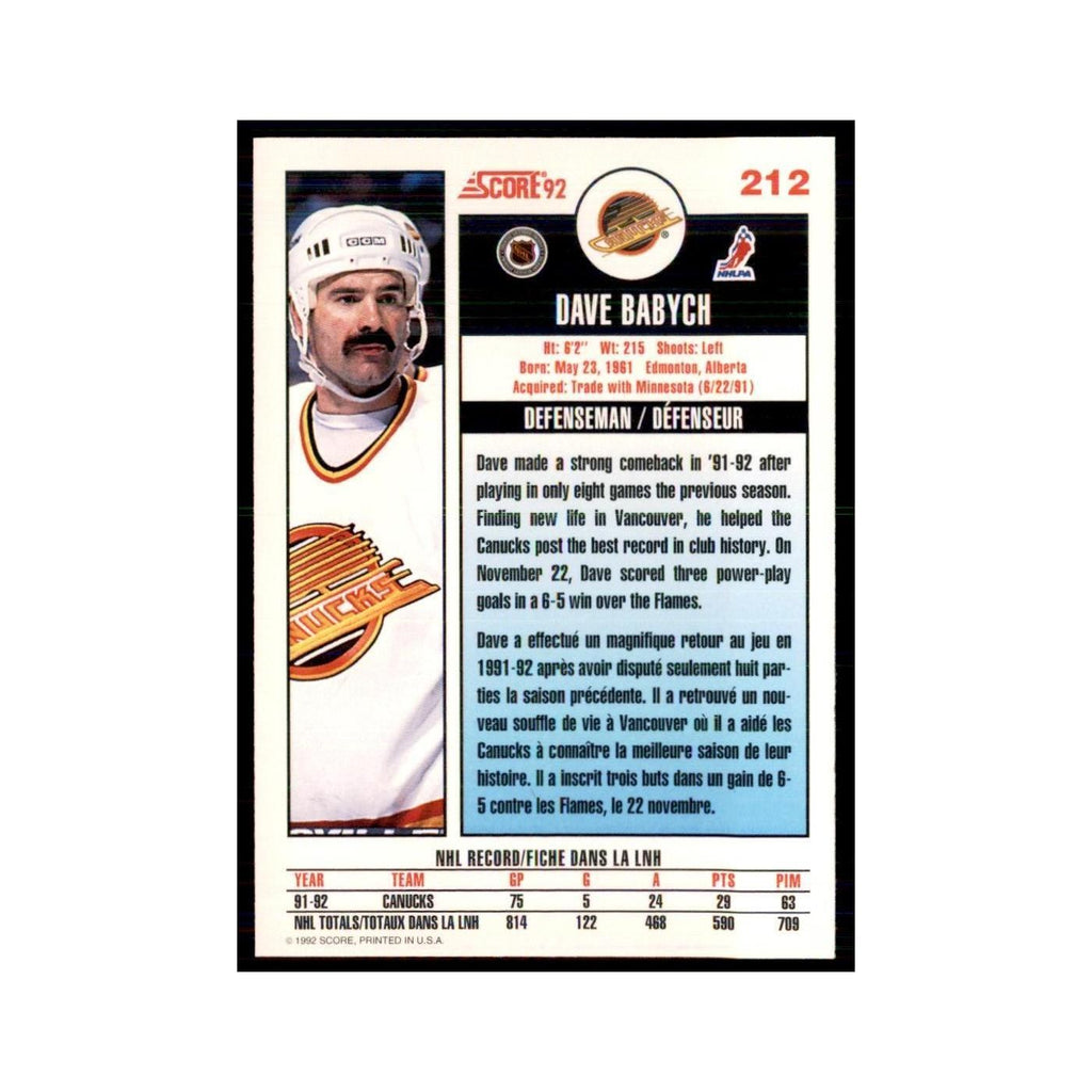 1992 Score Canadian Dave Babych Vancouver Canucks #212