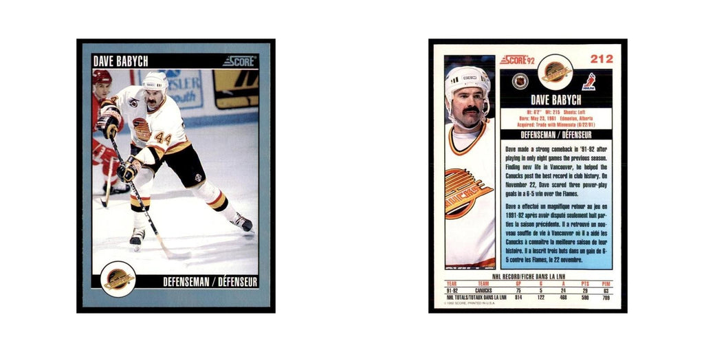 1992 Score Canadian Dave Babych Vancouver Canucks #212