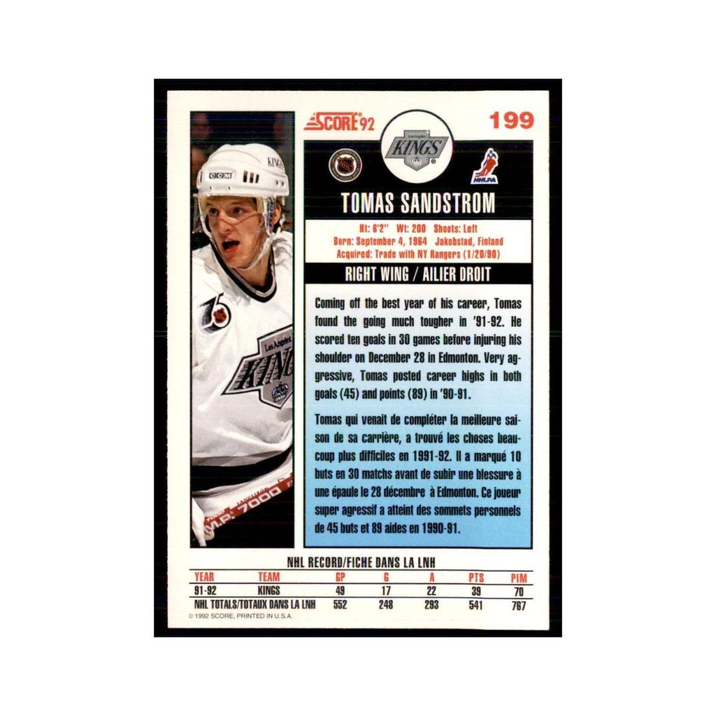 1992 Score Canadian Tomas Sandstrom Los Angeles Kings #199