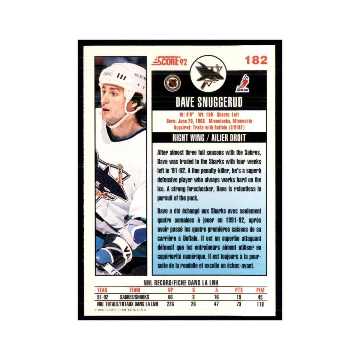 1992 Score Canadian Dave Snuggerud San Jose Sharks #182