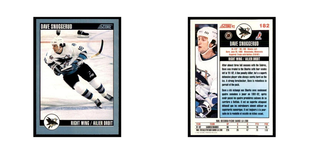1992 Score Canadian Dave Snuggerud San Jose Sharks #182