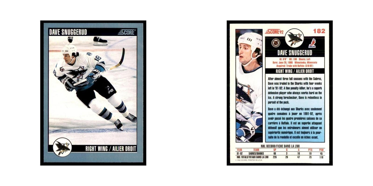 1992 Score Canadian Dave Snuggerud San Jose Sharks #182