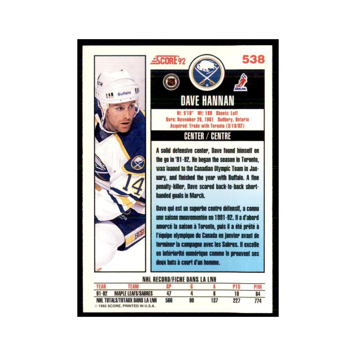 1992 Score Canadian Dave Hannan Buffalo Sabres #538