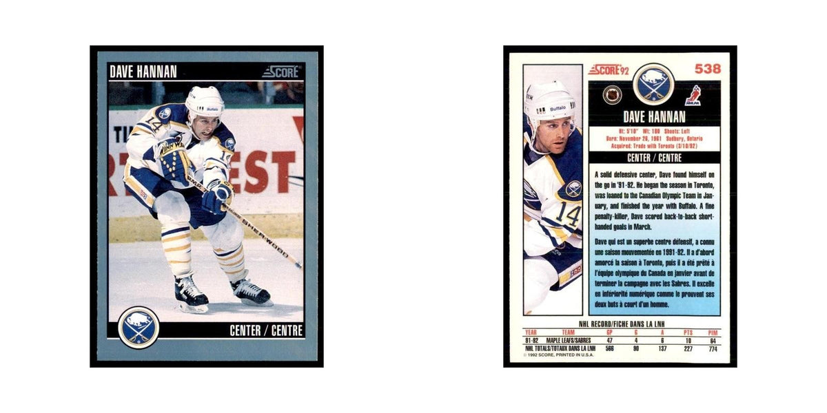 1992 Score Canadian Dave Hannan Buffalo Sabres #538