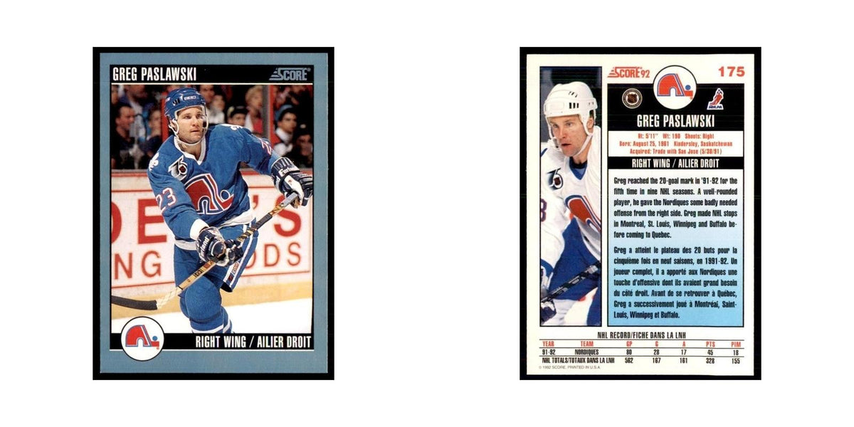 1992 Score Canadian Greg Paslawski Quebec Nordiques #175