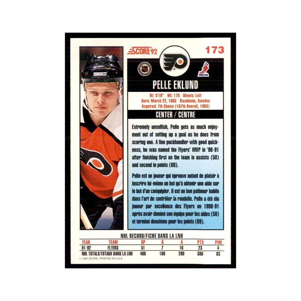 1992 Score Canadian Pelle Eklund Philadelphia Flyers #173