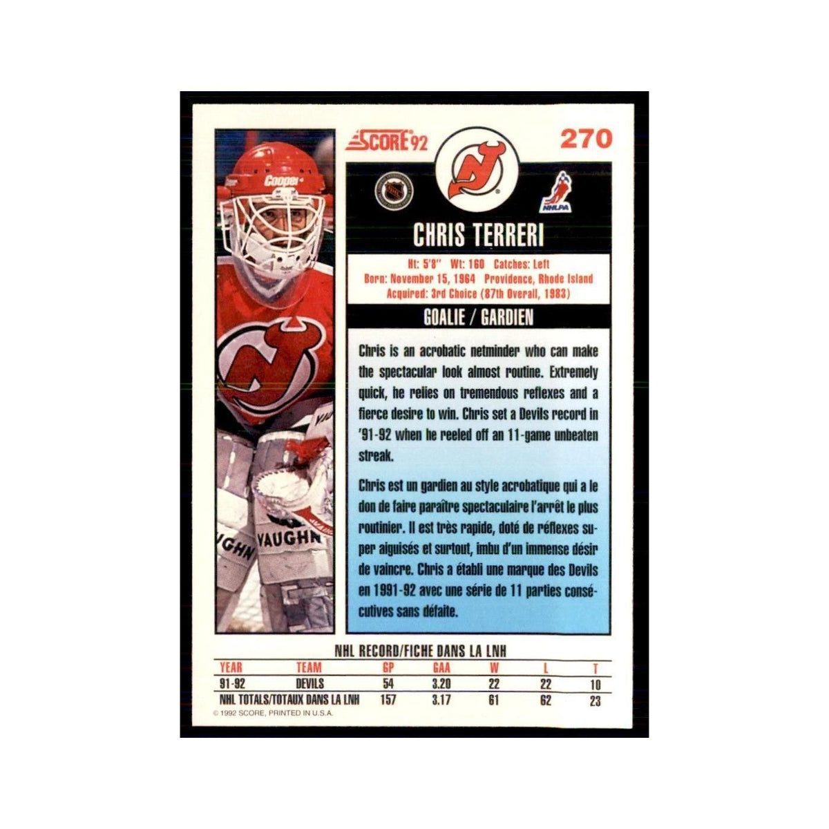 1992 Score Canadian Chris Terreri New Jersey Devils #270