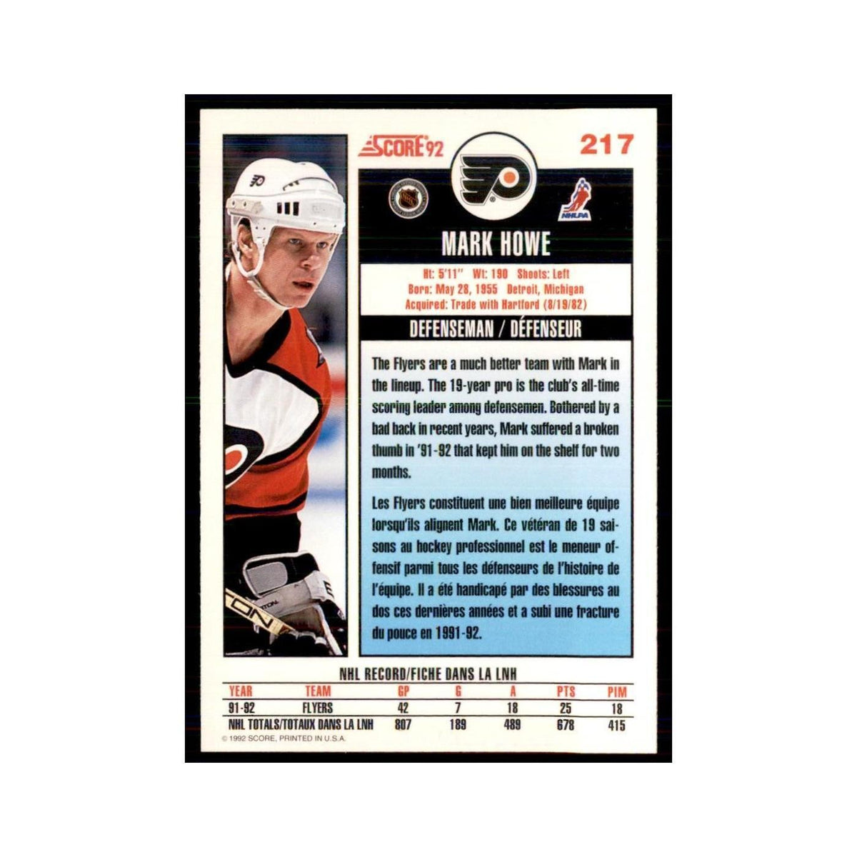 1992 Score Canadian Mark Howe Philadelphia Flyers #217