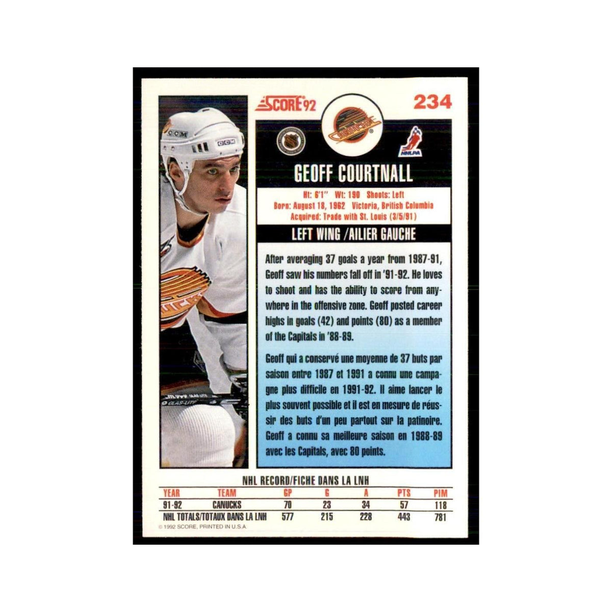 1992 Score Canadian Geoff Courtnall Vancouver Canucks #234
