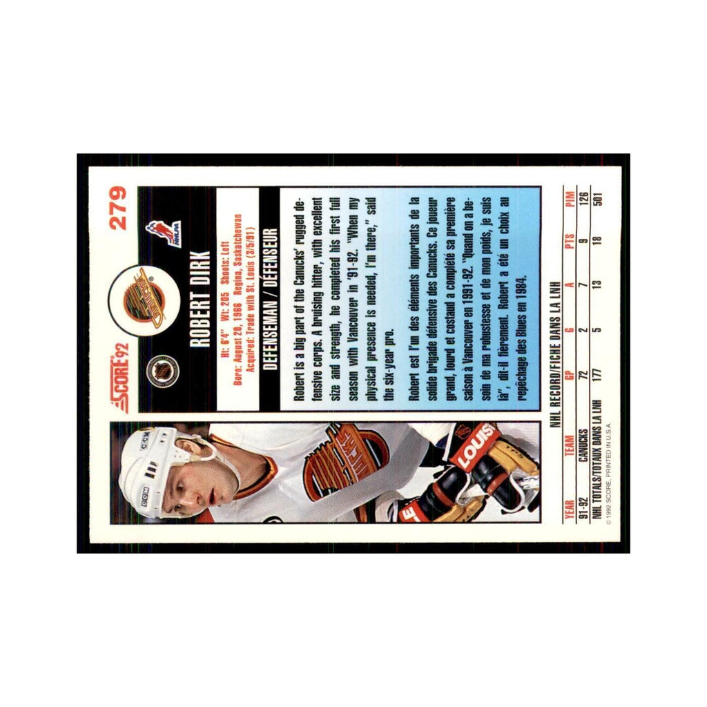 1992 Score Canadian Robert Dirk Vancouver Canucks #279