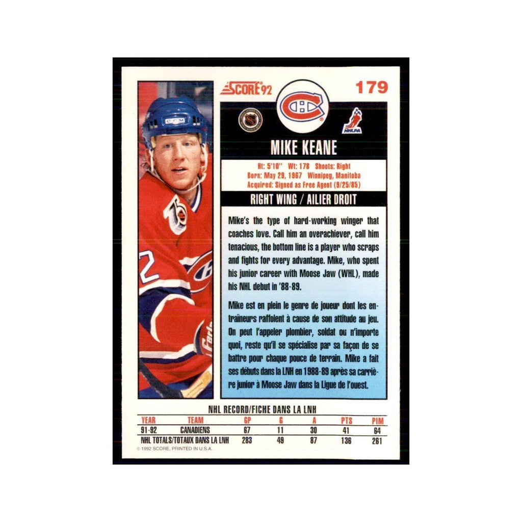 1992 Score Canadian Mike Keane Montreal Canadiens #179
