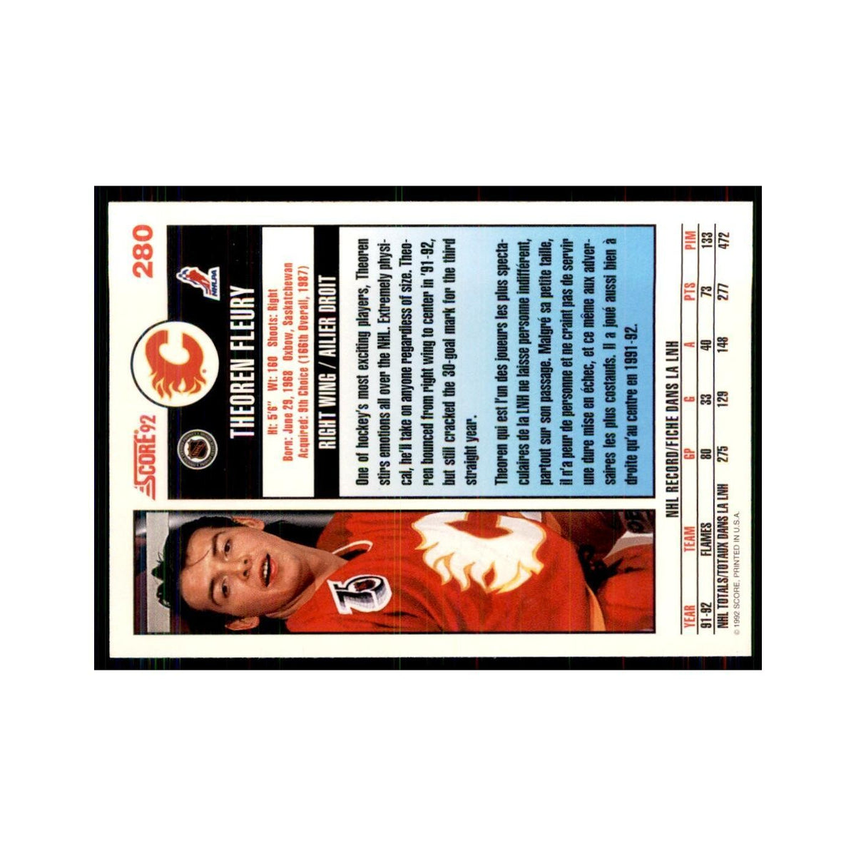 1992 Score Canadian Theo Fleury Calgary Flames #280