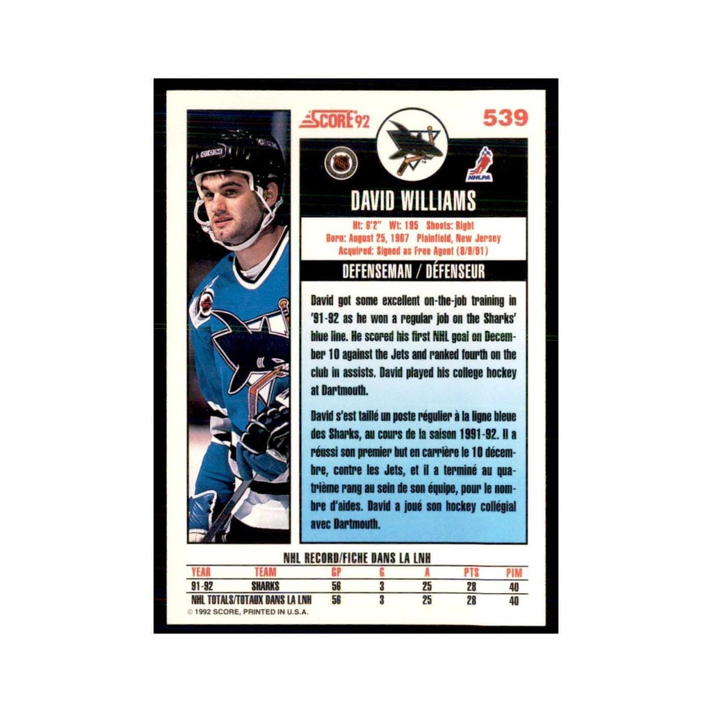 1992 Score Canadian David Williams RC San Jose Sharks #539