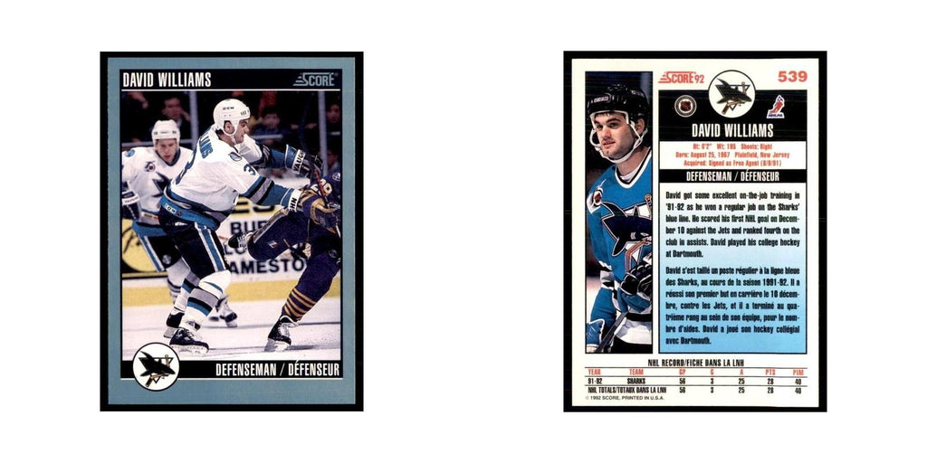 1992 Score Canadian David Williams RC San Jose Sharks #539