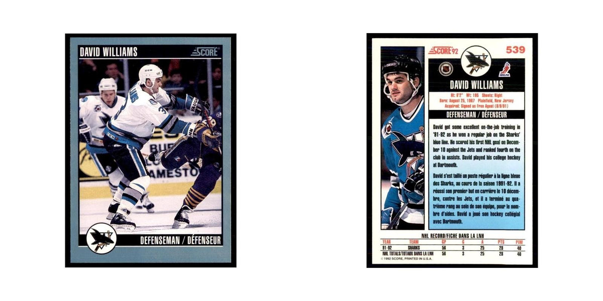 1992 Score Canadian David Williams RC San Jose Sharks #539