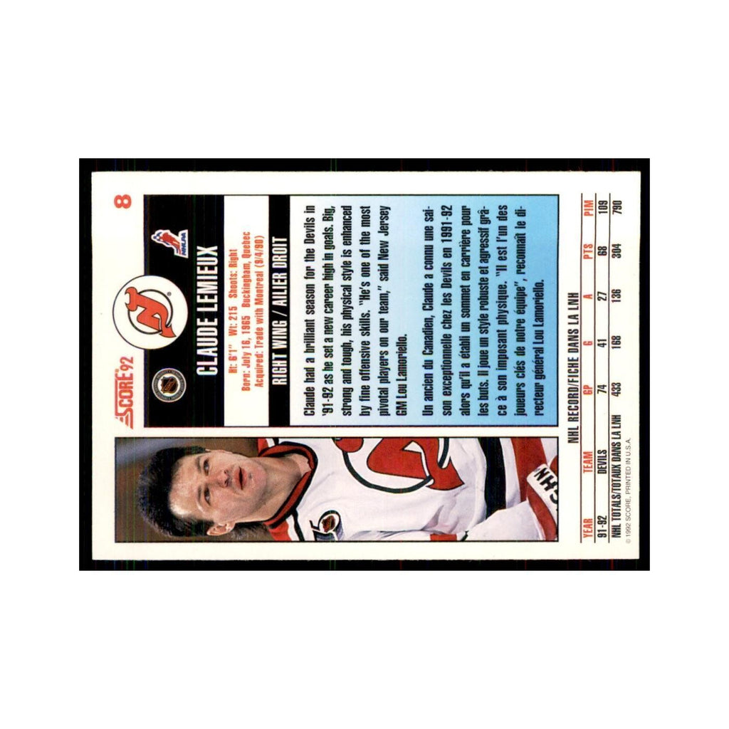 1992 Score Canadian Claude Lemieux New Jersey Devils #8